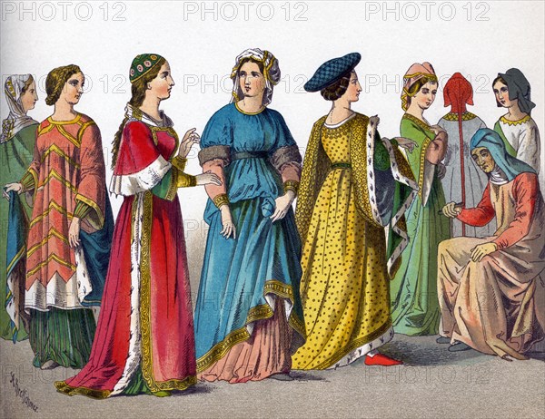 The Italian women pictured here represent, from left to right: woman of rank, Laura, four women of rank, and three women of the middle and lower classes. The illustration dates to 1882.