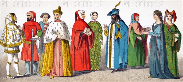 The Italians pictured here date to A.D. 1300 and are, from left to right: the painter and creator of mosaics Cimabue (also known as Benvenuto di Giuseppe), shown in citizen dress; two men of rank; a doge of Venice; the poet and scholar and one of the earliest Renaissance humanists Petrarcha, known in English as Petrarch; Laura, the love of Petrarch's llife; man of rank, magistrate; two women of rank.