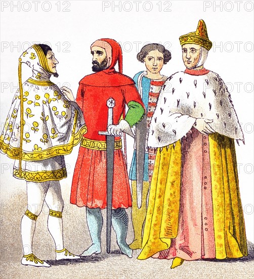 The Italians pictured here date to A.D. 1300 and are, from left to right: the painter and creator of mosaics Cimabue (also known as Benvenuto di Giuseppe), shown in citizen dress; two men of rank; and a doge of Venice. The illustration dates to 1882.