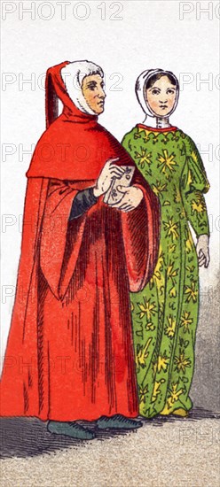 The Italians pictured here date to A.D. 1300 and are: the poet and scholar and one of the earliest Renaissance humanists Petrarch, known in English as Petrarch, and Laura, the love of Petrarch's llife. The illustration dates to 1882.