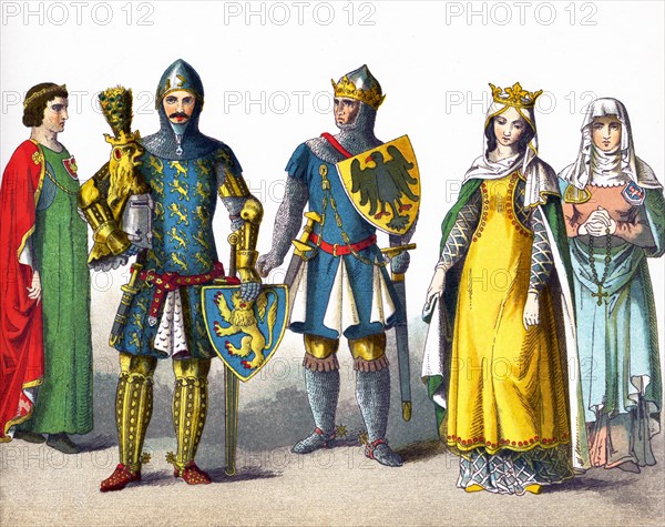 This illustration, which dates to 1882, shows Germans in period dress from A.D. 1300-1350. They are, from left to right: a count, Gunther von Schwarzburg (1349), Louis the Bavarian (1347), a queen, and a woman of rank.