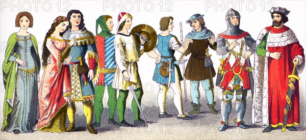 This illustration, which dates to 1882, shows Germans in period dress from A.D. 1300-1350. They are, from left to right: two women of rank, two men of rank, an armed citizen, two men in construction trade, a knight, and Count of Thuringen (a state in central Germany).