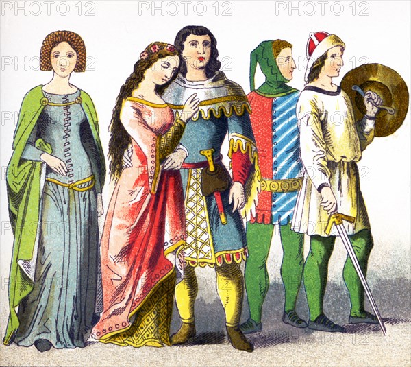 This illustration, which dates to 1882, shows Germans in period dress from A.D. 1300-1350. They are, from left to right: two women of rank, two men of rank, and an armed citizen.