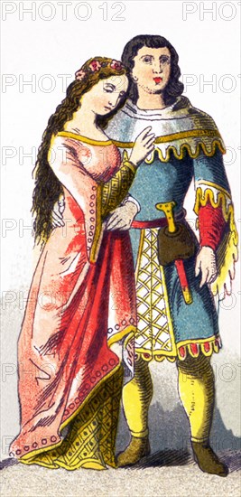 This illustration, which dates to 1882, shows Germans in period dress from A.D. 1300-1350. They are a woman of rank and a man of rank.