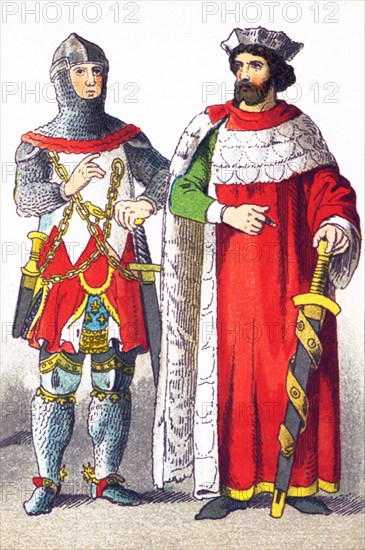 This illustration, which dates to 1882, shows Germans in period dress from A.D. 1300-1350. They are, from left to right: a knight and Count of Thuringen (a state in central Germany).