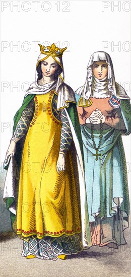 This illustration, which dates to 1882, shows Germans in period dress from A.D. 1300-1350. They are, from left to right: a queen and a woman of rank.