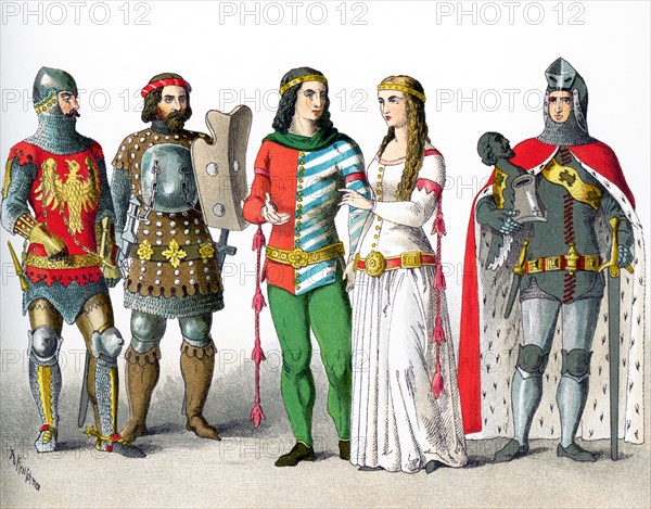 The figures represent Germans from A.D. 1350 to 1400. They are, from left to right: two knights in battle costume, man of rank, woman of rank, knight in battle costume. The illustration dates to 1882.