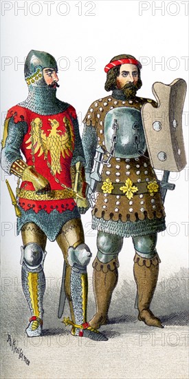 The figures represent two German knights between A.D. 1350 and 1400. The illustration dates to 1882.