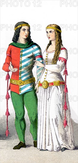 The figures represent Germans from A.D. 1350 to 1400. They are a man of rank and a woman of rank. The illustration dates to 1882.