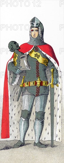 The figure represents a German knight in battle costume from A.D. 1350 to 1400. The illustration dates to 1882.