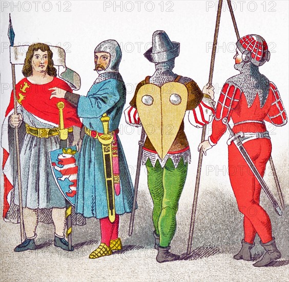 The figures represent Germans from A.D. 1350 to 1400. They are, from left to right: Count of Thuringen, knight in battle costume, and two soldiers. The illustration dates to 1882.