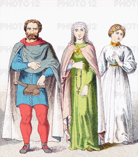 The figures represent Germans from A.D. 1350 to 1400. They are, from left to right: man of rank, two women of rank, knight in battle costume. The illustration dates to 1882.