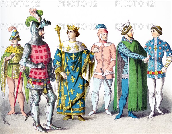 The figures represent French people around A.D. 1300. They are, from left to right: nobleman, knight, king, nobleman, prince, nobleman. The illustration dates to 1882.