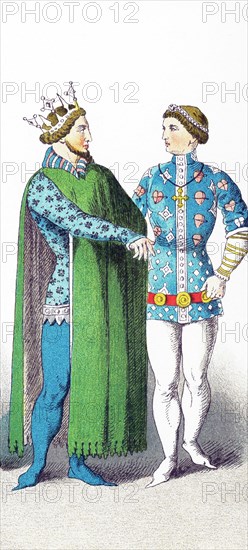 The figures represent French people around A.D. 1300. They are, from left to right: a prince and a nobleman. The illustration dates to 1882.