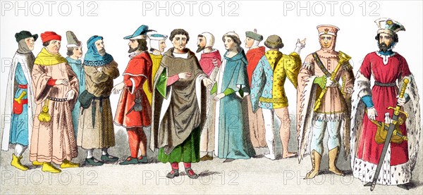 The figures represent French people around A.D. 1300. They are, from left to right: eight citizens, noble, citizen, noble, Sergeant at Arms, Duke of Burgundy. The illustration dates to 1882.