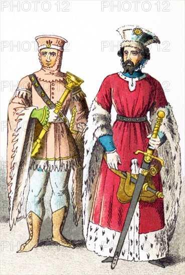 The figures represent a French Sergeant at Arms, and the Duke of Burgundy around A.D. 1300. The illustration dates to 1882.