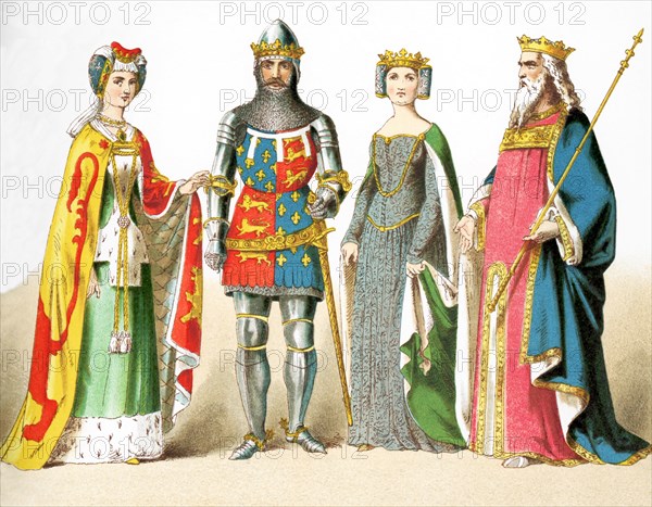 This illustration shows four English people who lived between A.D. 1300 and 1400. The figures, from left to right, represent: a lady of rank, Edward the Black Prince, Queen Philippa (1369), and Edward III (1377). The illustration dates to 1882.