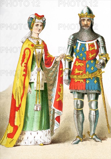 This illustration shows two English people who lived between A.D. 1300 and 1400. The figures, from left to right, represent: a lady of rank and Edward the Black Prince. The illustration dates to 1882.