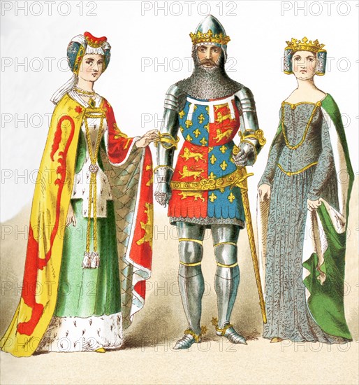 This illustration shows three English people who lived between A.D. 1300 and 1400. The figures, from left to right, represent: a lady of rank, Edward the Black Prince, and Queen Philippa (1369). The illustration dates to 1882.