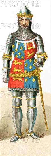 This illustration represents Edward the Black Prince (1330-1376), who was the oldest son of England's King Edward III. His son was King Richard II. As he died a year before his father, the throne passed to his son. he was the first prince of Wales not be crowned king. The illustration dates to 1882.