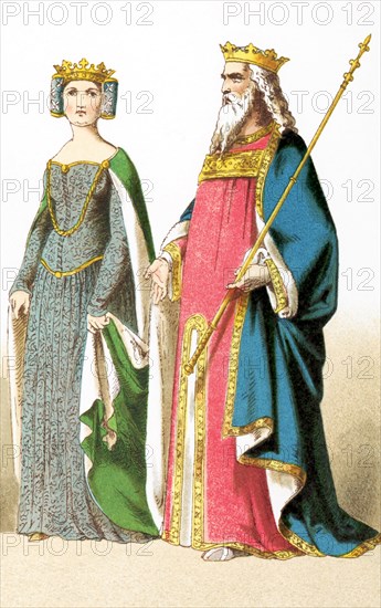 This illustration shows two English royals who lived between A.D. 1300 and 1400. The figures, from left to right, represent: Philippa (1369) and Edward III (1377). The illustration dates to 1882.