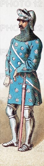 The figure represented here is an English knight in 1377. The illustration dates to 1882.