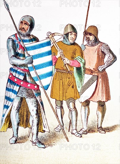 The figures represented here are English people between A.D. 1300 and 1400. They are, from left to right: a knight in 1333; a cross-bow man in 1376; and a knight. The illustration dates to 1882.