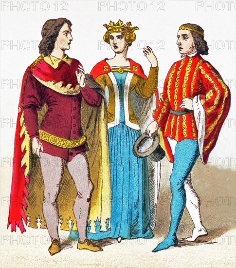 The figures represented here are English people between A.D. 1300 and 1400. They are, from left to right: two people belonging to the court and a man of rank in 1377. The illustration dates to 1882.