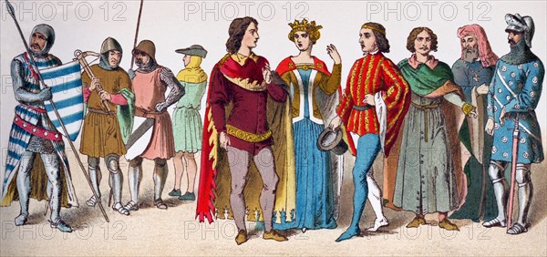 The figures represented here are English people between A.D. 1300 and 1400. They are, from left to right: a knight in 1333; a cross-bow man in 1376; a knight; a common person, two people belonging to the court; a man of rank in 1377; a citizen; a lord in 1392; and a knight in 1377. The illustration dates to 1882.