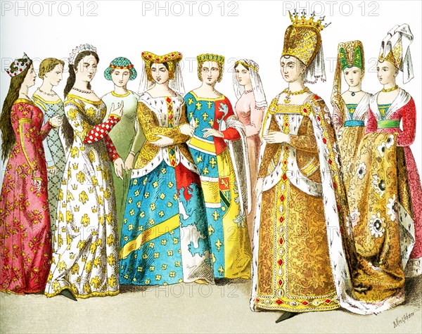 The figures represent French women around 1100. They are, from left to right: queen, four ladies of rank, princess, lady of rank, Isabel of Bavaria (consort of Charles VI) and two ladies in waiting. The illustration dates to 1882.