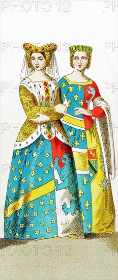 The figures represent French women around 1100. They are, from left to right: a lady of rank and a princess. The illustration dates to 1882.