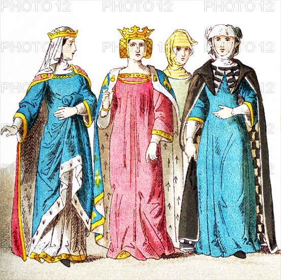 The figures represent French women around 1300. They are, from left to right: princess, queen, female citizen, and lady of rank. The illustration dates to 1882.