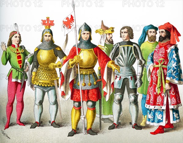 The figures pictured here represent Germans from A.D. 1400-1450. They are, from left to right: nobleman, two knights, nobleman, knight, two nobleman. The illustration dates to 1882.