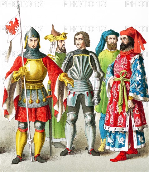 The figures pictured here represent Germans from A.D. 1400-1450. They are, from left to right: a knight, nobleman, knight, and two nobleman. .