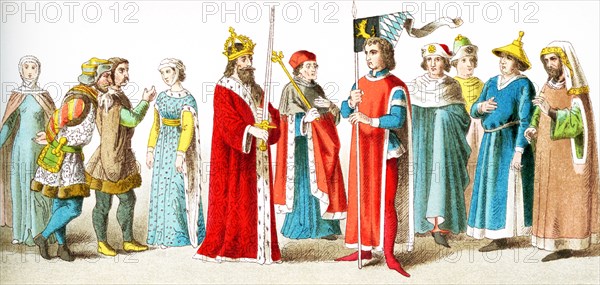 The figures pictured here represent Germans from A.D. 1400-1450. They are, from left to right: woman of rank, two noblemen, woman of rank, Emperor Sigismund (King of Hungary and Croatia from 1387 to 1437 and Holy Roman Emperor from 1433 to 1437), Electer Bishop, Duke of Bavaria, two dignitarties, and two Jewish men. The illustration dates to 1882.