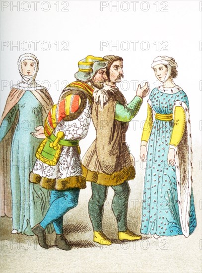 The figures pictured here represent Germans from A.D. 1400-1450. They are, from left to right: woman of rank, two noblemen, and a woman of rank. The illustration dates to 1882.