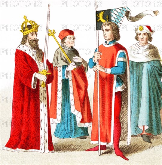 The figures pictured here represent Germans from A.D. 1400-1450. They are, from left to right: Emperor Sigismund (King of Hungary and Croatis from 1387 to 1437 and Holy Roman Emperor from 1433 to 1437), Electer Bishop, Duke of Bavaria, and a dignitary. The illustration dates to 1882.