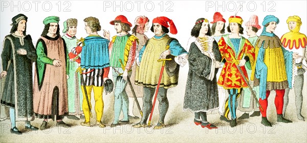 The figures represented here are (from left to right) a German senator and and 12 German patricians between A.D. 1450 and 1500. The illustration dates to 1882.