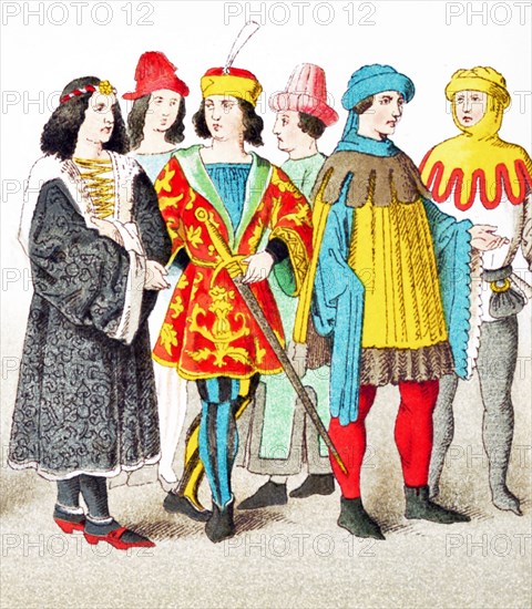 The figures represented here are (from left to right) six German patricians between A.D. 1450 and 1500. The illustration dates to 1882.