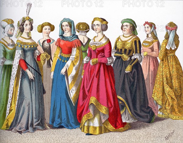 The figures represented here are German women between A.D. 1450 and 1500. They are, from left to right: female citizen, lady of rank, three female citizens, lady of rank, three female citizens. The illustration dates to 1882.