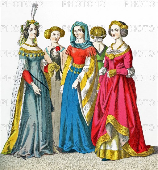 The figures represented here are German women between A.D. 1450 and 1500. They are, from left to right: female citizen, lady of rank, and three female citizens. The illustration dates to 1882.