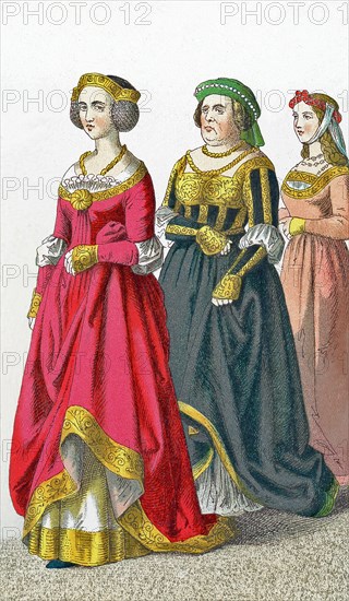 The figures represented here are German women between A.D. 1450 and 1500. They are, from left to right: a lady of rank and two female citizens. The illustration dates to 1882.