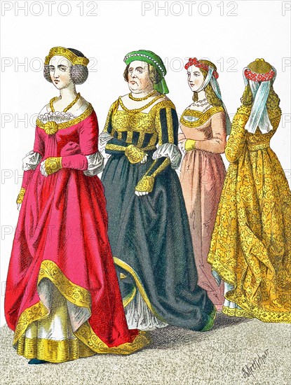 The figures represented here are German women between A.D. 1450 and 1500. They are, from left to right: lady of rank, three female citizens. The illustration dates to 1882.