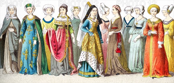 The figures represented here are German women between A.D. 1450 and 1500. They are, from left to right: five women, a duchess, six women. The illustration dates to 1882.