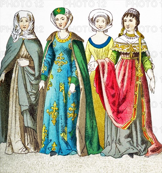 The figures here represent four German women between A.D. 1450 and 1500 of varying means. The illustration dates to 1882. .