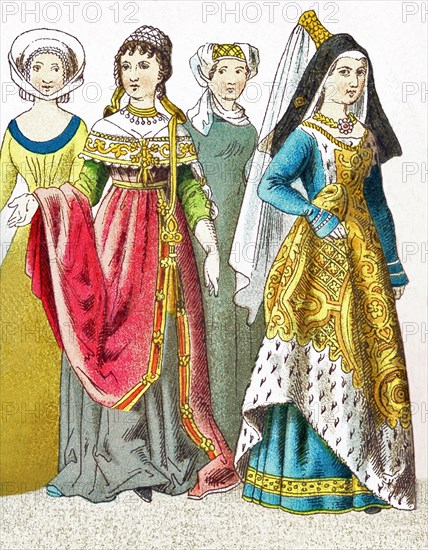 The figures represented here are German women between A.D. 1450 and 1500. The illustration dates to 1882.