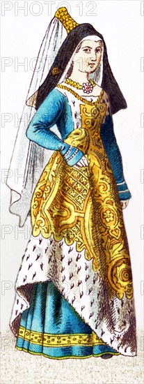 The figure shown in this 1882 illustration is a German duchess from between A.D. 1450 and 1500.