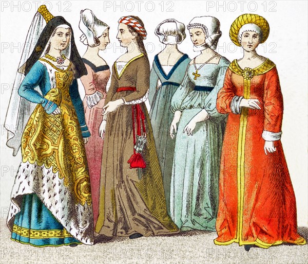 The figures here represent German women between A.D. 1450 and 1500. They are, from left to right: a duchess and five women of varying means. The illustration dates to 1882.