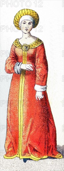 This illustration shows a German woman of means between 1450 to 1500. The illustration dates to 1882.