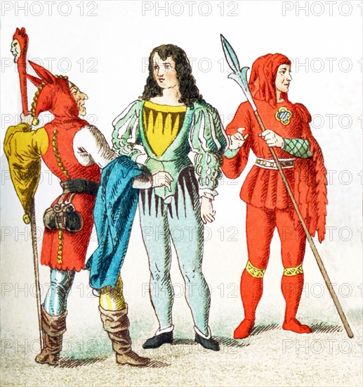 The figures represented here are Germans between A.D. 1450-1500. They are, from left to right: jester, knight, and bailiff. The ilustration dates to 1882.